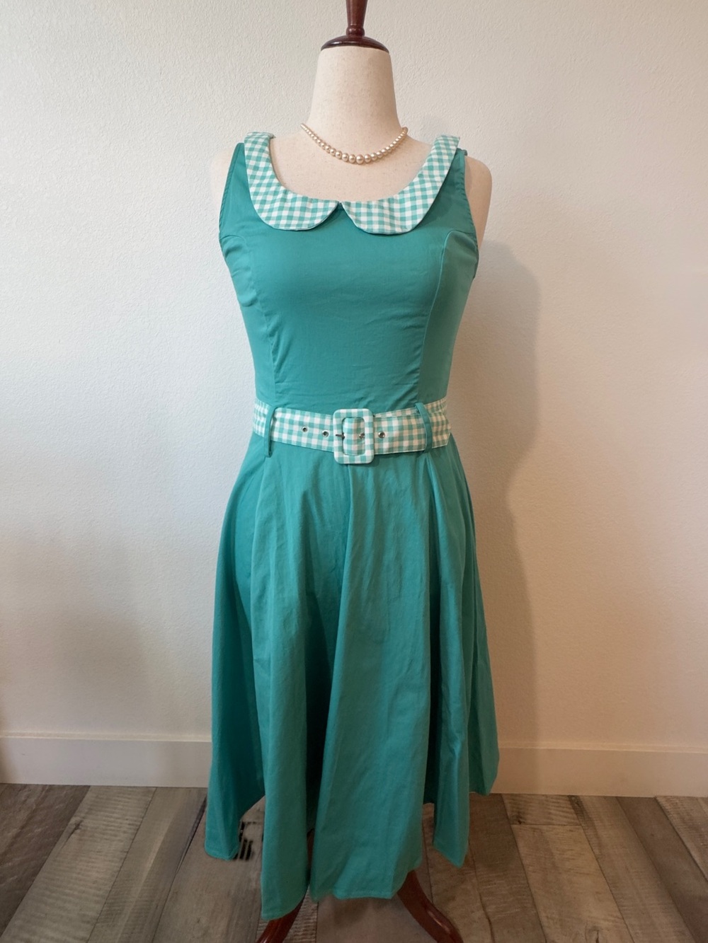 Collectif Teal Fit-and-Flare Dress with Gingham Collar and Belt
